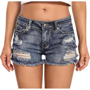 imageFoucome Womens Denim Shorts Summer Casual Low Waisted Frayed Raw Hem Ripped Denim Jean ShortsFrayed Raw Hem 58  Mid Blue
