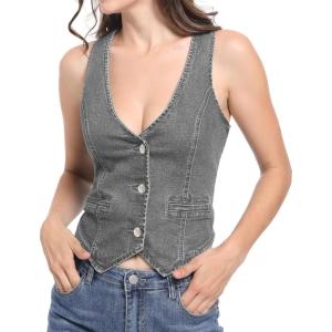 imageFoucome Womens Denim Vest Button Up V Neck Jean Vest Top Cropped Vest TopsGrey