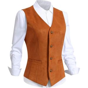 imageFoucome Womens Formal Regular Fitted Business Dress Suits Button Down Vest WaistcoatSuede Khaki
