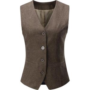 imageFoucome Womens Formal Regular Fitted Business Dress Suits Button Down Vest WaistcoatWoolen Coffee