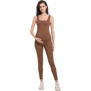 imageFoucome Maternity Jumpsuit Sleeveless Tank Top Leggings Romper Pregnancy Shapewear Square Neck One Piece BodysuitBrown