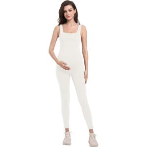 imageFoucome Maternity Jumpsuit Sleeveless Tank Top Leggings Romper Pregnancy Shapewear Square Neck One Piece BodysuitWhite