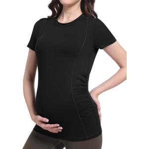 imageFoucome Maternity Shirts Crew Neck Short Sleeve Workout Tops Athletic Yoga Top Side Ruched Pregnancy T ShirtsBlack