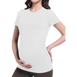 imageFoucome Maternity Shirts Crew Neck Short Sleeve Workout Tops Athletic Yoga Top Side Ruched Pregnancy T ShirtsWhite