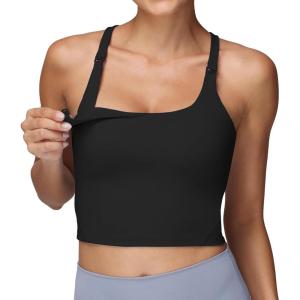imageFoucome Nursing Tank Tops for Breastfeeding YBack Racerback Longline Maternity Sports Bra Workout Crop TopBlack