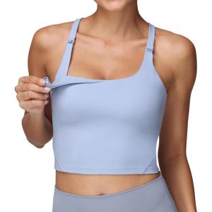 imageFoucome Nursing Tank Tops for Breastfeeding YBack Racerback Longline Maternity Sports Bra Workout Crop TopLight Blue
