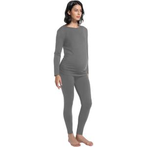 imageFoucome Maternity Thermal Underwear Set Long Johns Base Layer Fleece Lined Top and Bottom Pajamas for Pregnant WomenGrey