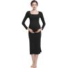 imageFoucome Maternity Dress Long Sleeve Ribbed Square Neck Split Ruched Pregnancy Bodycon DressBlack