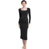 imageFoucome Maternity Dress Long Sleeve Ribbed Square Neck Split Ruched Pregnancy Bodycon DressBlack