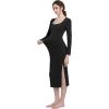 imageFoucome Maternity Dress Long Sleeve Ribbed Square Neck Split Ruched Pregnancy Bodycon DressBlack