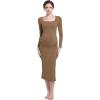 imageFoucome Maternity Dress Long Sleeve Ribbed Square Neck Split Ruched Pregnancy Bodycon DressCoffee
