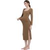 imageFoucome Maternity Dress Long Sleeve Ribbed Square Neck Split Ruched Pregnancy Bodycon DressCoffee