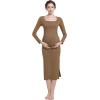 imageFoucome Maternity Dress Long Sleeve Ribbed Square Neck Split Ruched Pregnancy Bodycon DressCoffee