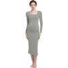 imageFoucome Maternity Dress Long Sleeve Ribbed Square Neck Split Ruched Pregnancy Bodycon DressGrey