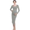 imageFoucome Maternity Dress Long Sleeve Ribbed Square Neck Split Ruched Pregnancy Bodycon DressGrey