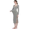 imageFoucome Maternity Dress Long Sleeve Ribbed Square Neck Split Ruched Pregnancy Bodycon DressGrey