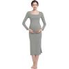 imageFoucome Maternity Dress Long Sleeve Ribbed Square Neck Split Ruched Pregnancy Bodycon DressGrey