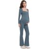 imageFoucome Maternity Jumpsuit Long Sleeve Square Neck Full Length Flare Pants Romper Pregnancy Shapewear BodysuitBlue