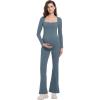 imageFoucome Maternity Jumpsuit Long Sleeve Square Neck Full Length Flare Pants Romper Pregnancy Shapewear BodysuitBlue