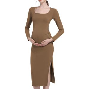 imageFoucome Maternity Dress Long Sleeve Ribbed Square Neck Split Ruched Pregnancy Bodycon DressCoffee