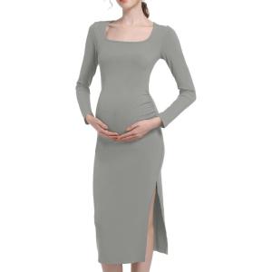 imageFoucome Maternity Dress Long Sleeve Ribbed Square Neck Split Ruched Pregnancy Bodycon DressGrey
