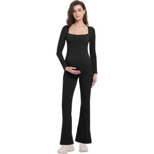 imageFoucome Maternity Jumpsuit Long Sleeve Square Neck Full Length Flare Pants Romper Pregnancy Shapewear BodysuitBlack