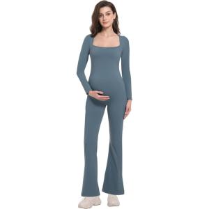 imageFoucome Maternity Jumpsuit Long Sleeve Square Neck Full Length Flare Pants Romper Pregnancy Shapewear BodysuitBlue