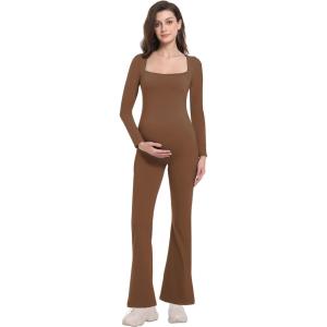 imageFoucome Maternity Jumpsuit Long Sleeve Square Neck Full Length Flare Pants Romper Pregnancy Shapewear BodysuitBrown