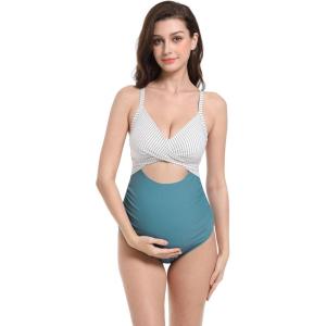 imageFoucome Maternity Swimsuit One Piece Bathing Suit Front Cross Cutout Pregnancy SwimwearBlue Striped