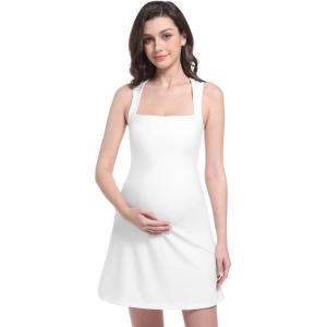 imageFoucome Maternity Tennis Dress Square Neck Athletic Dress Sleeveless Tank Dress Stretch Aline Mini DressesWhite