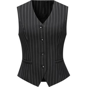 imageFoucome Womens Formal Regular Fitted Business Dress Suits Button Down Vest WaistcoatBlack Stripe