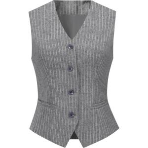 imageFoucome Womens Formal Regular Fitted Business Dress Suits Button Down Vest WaistcoatGrey Stripe