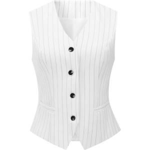 imageFoucome Womens Formal Regular Fitted Business Dress Suits Button Down Vest WaistcoatWhite Stripe