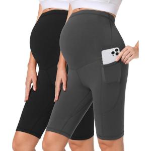 imageFoucome Womens Maternity Biker Shorts Over The Belly Pregnancy Yoga Workout Running Shorts with Pockets 9quotA  2 Pack 9  Blackdark Grey