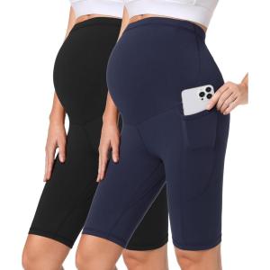 imageFoucome Womens Maternity Biker Shorts Over The Belly Pregnancy Yoga Workout Running Shorts with Pockets 9quotA  2 Pack 9  Blacknavy