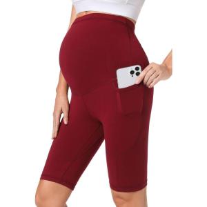 imageFoucome Womens Maternity Biker Shorts Over The Belly Pregnancy Yoga Workout Running Shorts with Pockets 9quotA  9  Wine Red