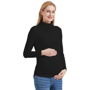 imageFoucome Maternity Turtleneck Long Sleeve Shirts Fleece Lined Basic Layering Slim Fit Pregnancy Thermal Underwear TopsBlack