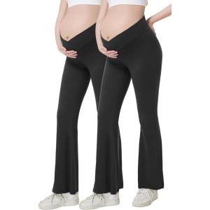 imageFoucome Maternity Flare Leggings Crossover Workout Yoga Pregnancy Pants Soft Stretchy Bootcut Bell BottomsBlack  2 Pack