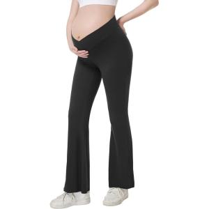 imageFoucome Maternity Flare Leggings Crossover Workout Yoga Pregnancy Pants Soft Stretchy Bootcut Bell BottomsBlack