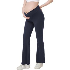 imageFoucome Maternity Flare Leggings Crossover Workout Yoga Pregnancy Pants Soft Stretchy Bootcut Bell BottomsNavy