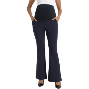 imageFoucome Maternity Flare Pants Stretchy Bootcut Work Dress Pants Business Casual Pregnancy Slacks with PocketsNavy Blue