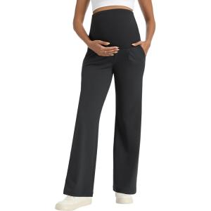 imageFoucome Maternity Pants for Work Wide Leg Stretchy Dress Pants Pregnancy Business Casual Trousers with PocketsBlack