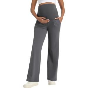 imageFoucome Maternity Pants for Work Wide Leg Stretchy Dress Pants Pregnancy Business Casual Trousers with PocketsDark Grey