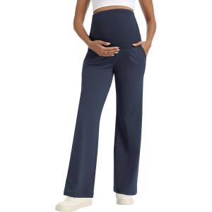 imageFoucome Maternity Pants for Work Wide Leg Stretchy Dress Pants Pregnancy Business Casual Trousers with PocketsNavy Blue