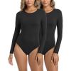 imageFoucome Womens Bodysuit Long Sleeve Crew Neck Body Suits Shirt Slim Fitted Tops2 Pack Black