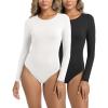 imageFoucome Womens Bodysuit Long Sleeve Crew Neck Body Suits Shirt Slim Fitted Tops2 Pack BlackWhite