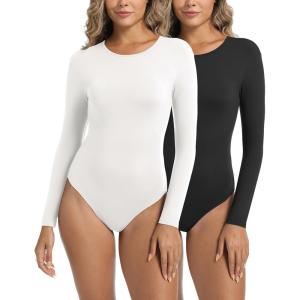 imageFoucome Womens Bodysuit Long Sleeve Crew Neck Body Suits Shirt Slim Fitted Tops2 Pack BlackWhite