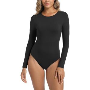 imageFoucome Womens Bodysuit Long Sleeve Crew Neck Body Suits Shirt Slim Fitted TopsBlack