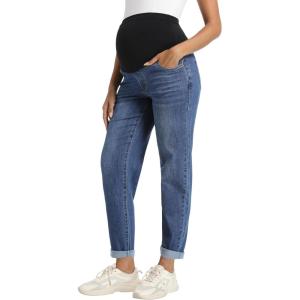imageFoucome Womens Maternity Jeans Stretchy High Waist Pregnancy Boyfriend Denim PantsDark Blue