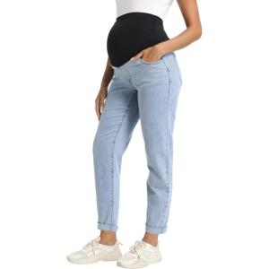 imageFoucome Womens Maternity Jeans Stretchy High Waist Pregnancy Boyfriend Denim PantsLight Blue